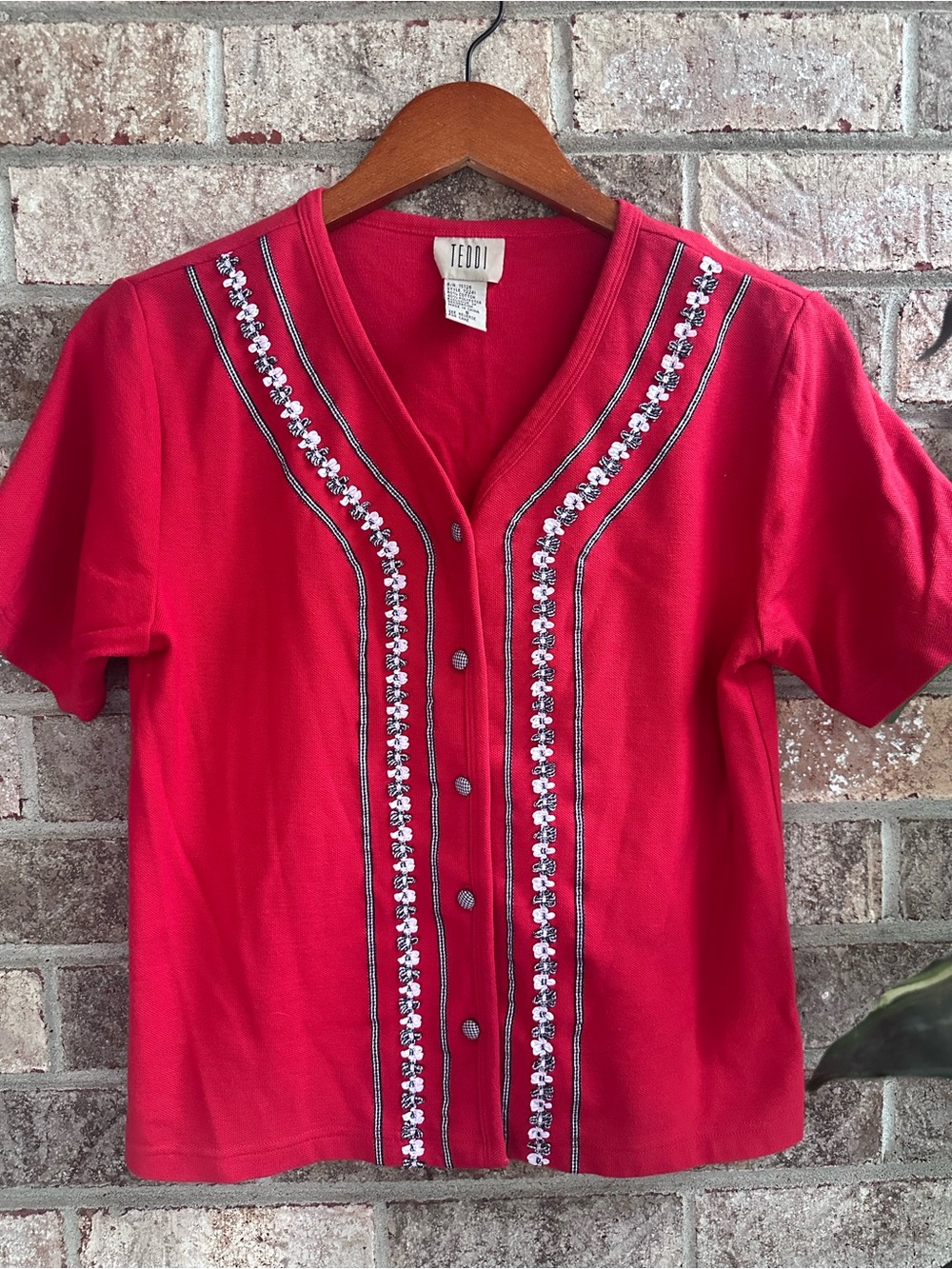 Vintage Teddi Red Short Sleeve Button Floral Checkered Embellished Knit top